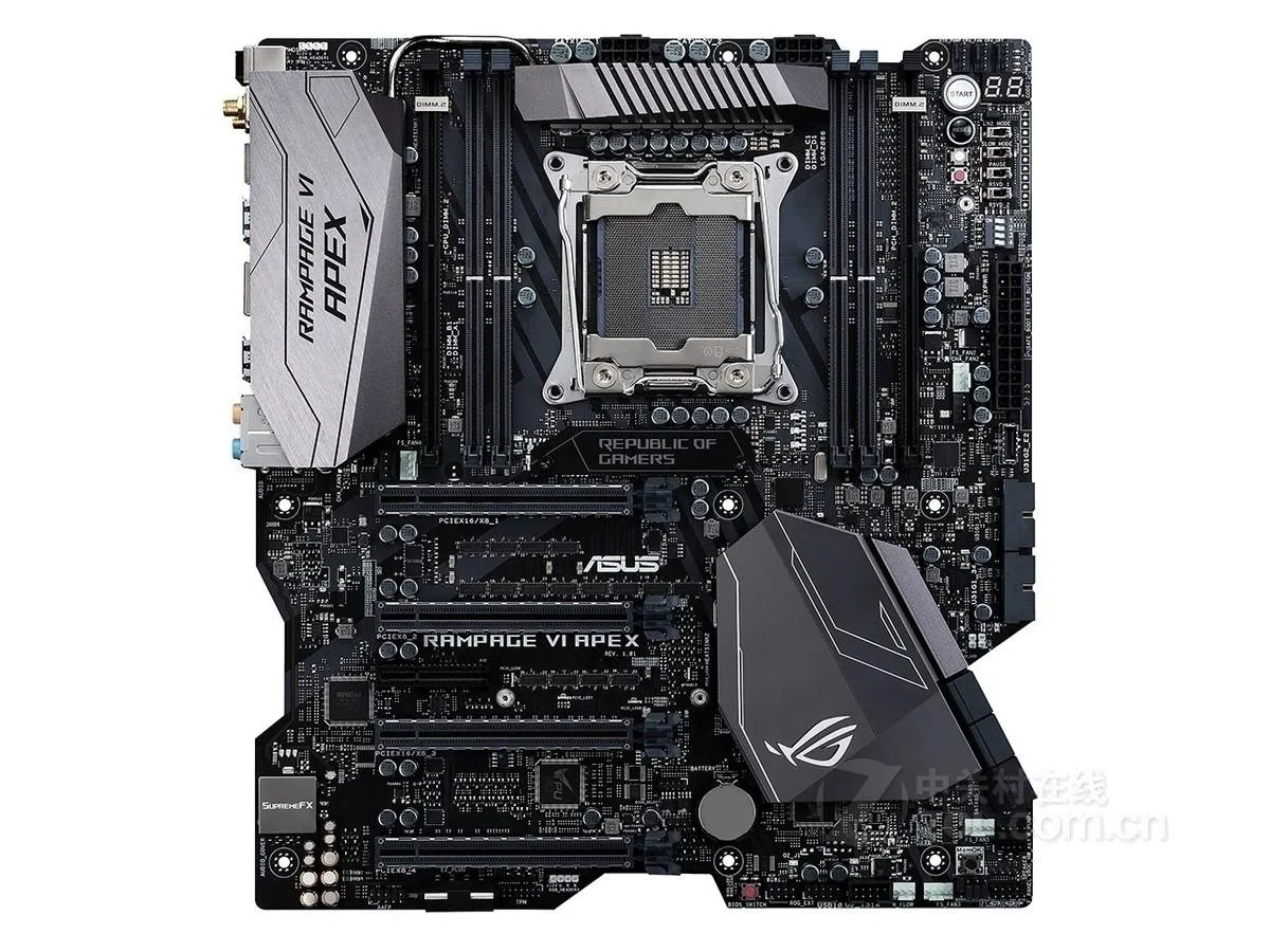 Black E-ATX motherboard with silver heatsinks and LGA 2066 socket
