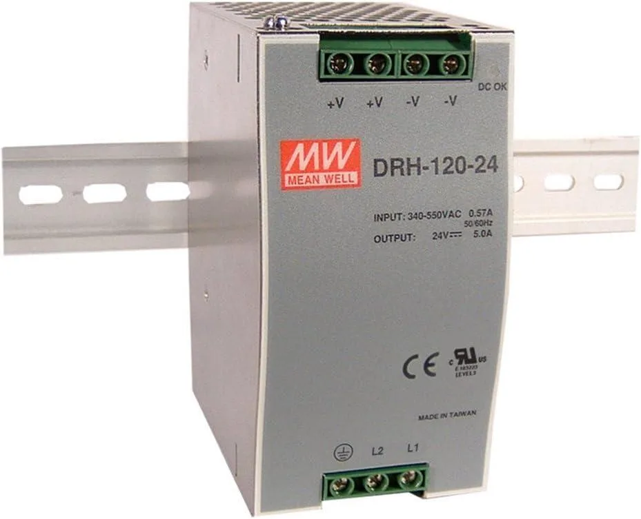 Silver rectangular DIN rail power supply unit with terminal blocks and LED indicator