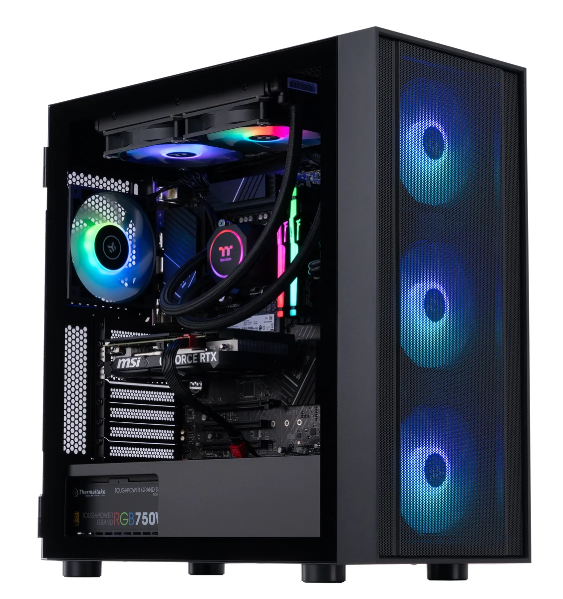 Black mid-tower case with tempered glass side panel and RGB liquid cooler visible inside