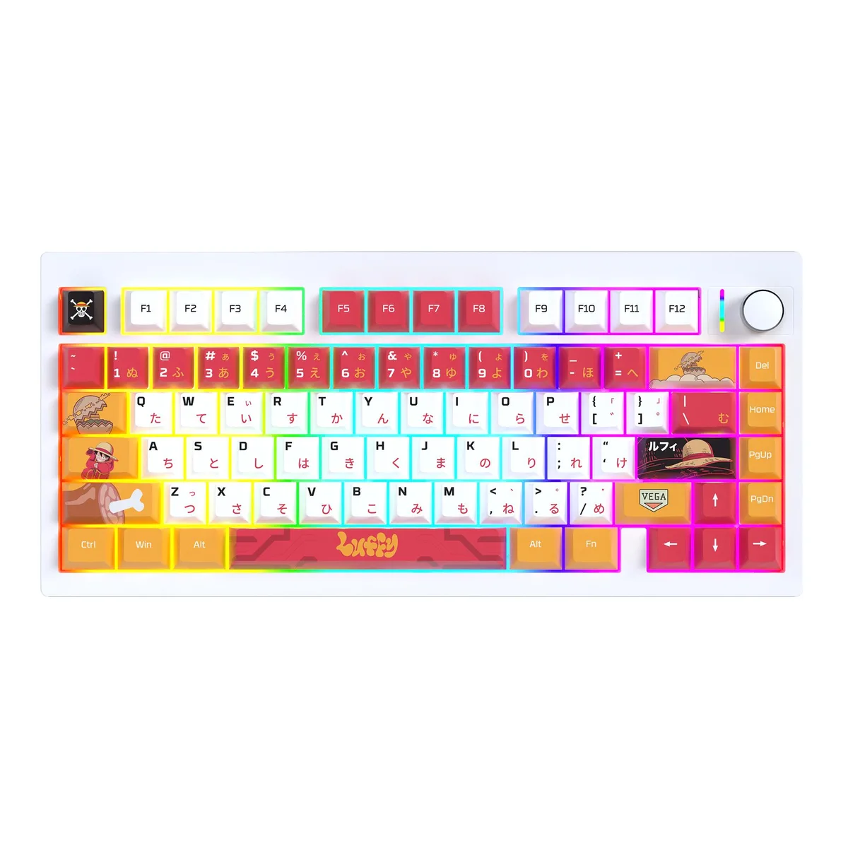 Compact white mechanical keyboard with 80 keys, RGB lighting, USB-C cable and 2.4 GHz dongle