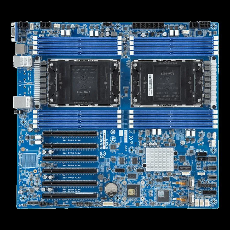 Green E-ATX server motherboard with dual LGA 4677 sockets, sixteen DDR5 DIMM slots and six full-length PCIe 5.0 x16 slots