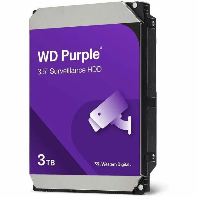 Silver 3.5 inch SATA hard drive labelled WD Purple 3 TB