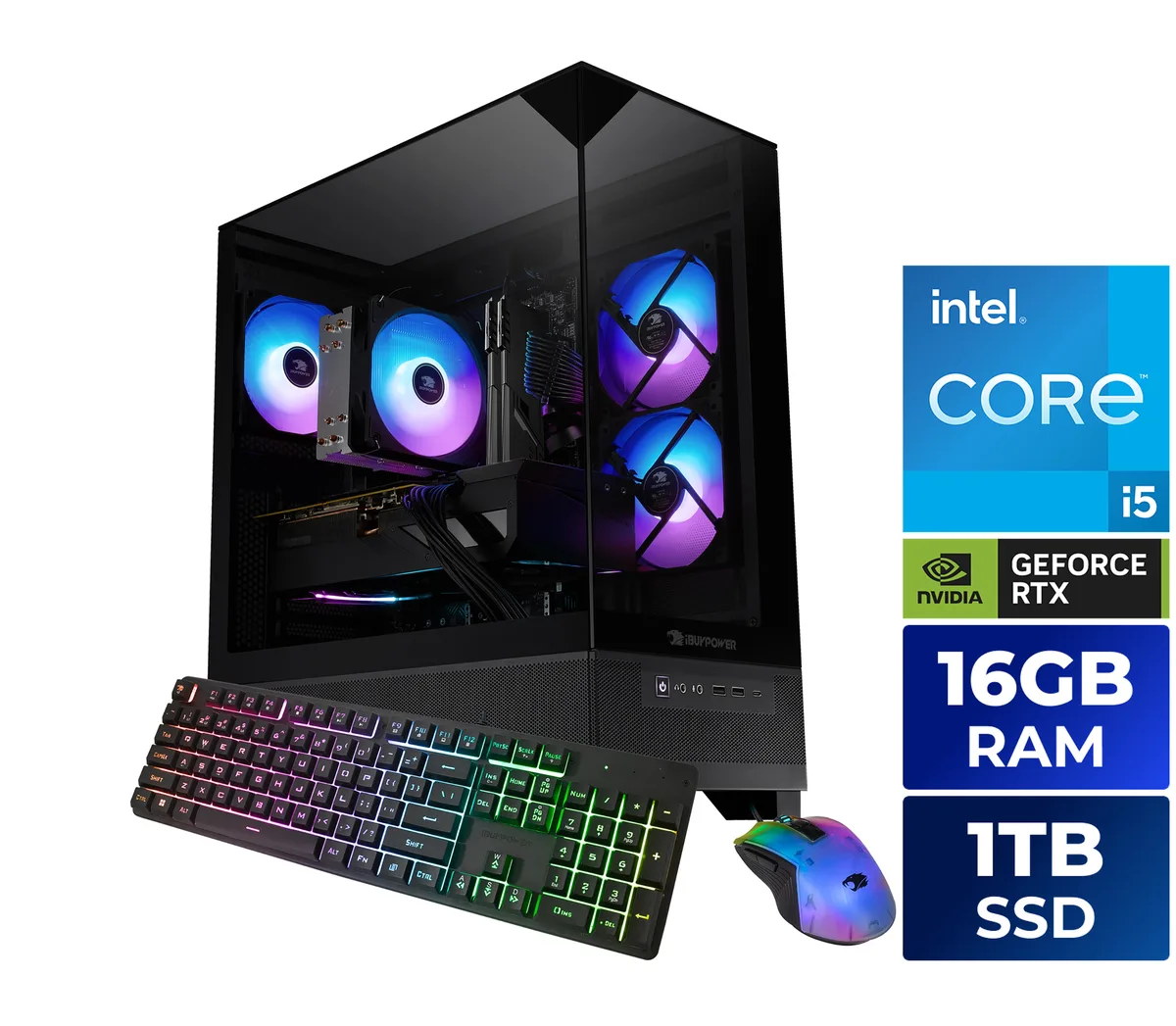 Black tower desktop with RGB fans and side panel
