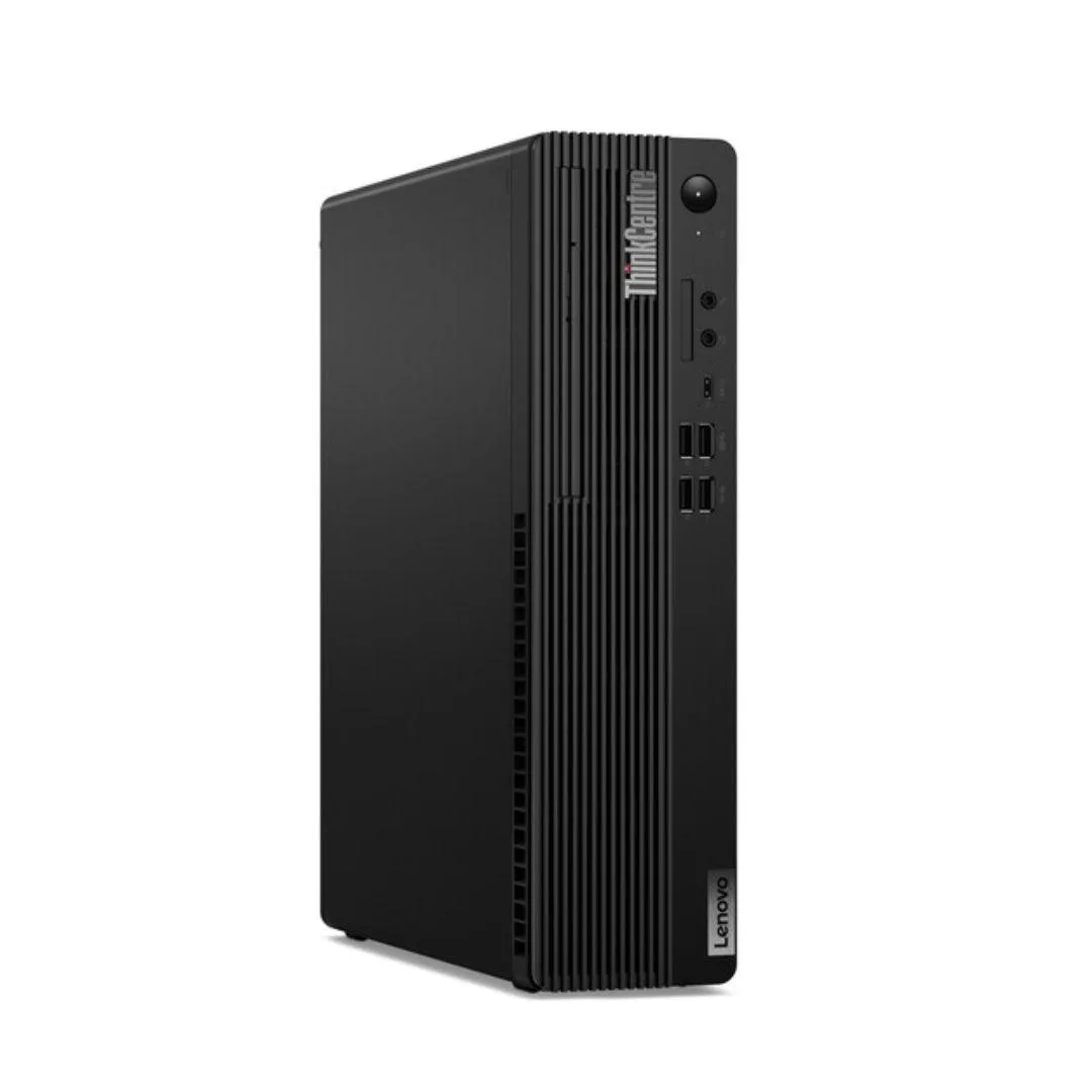Black small form factor desktop tower with wired keyboard and mouse