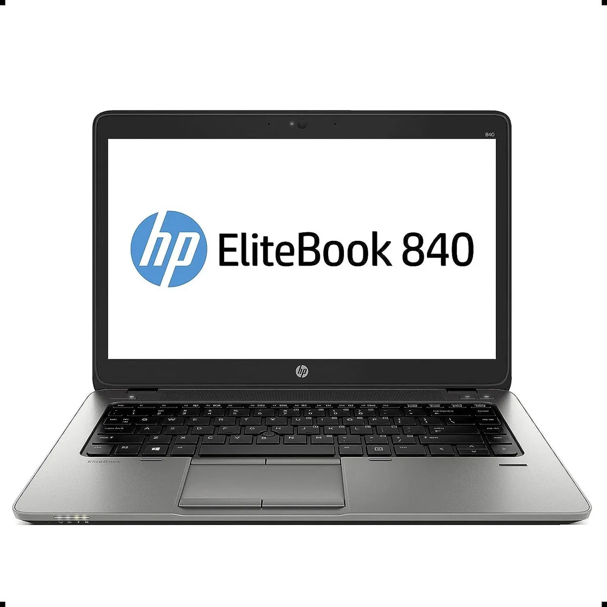 Silver-grey 14 inch business laptop, matte finish, closed lid, HP logo visible