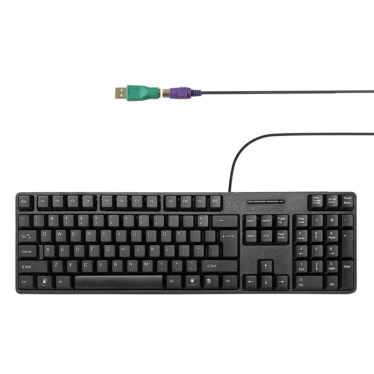 Black 104-key wired gaming keyboard with adjustable stands, matte plastic finish, US layout