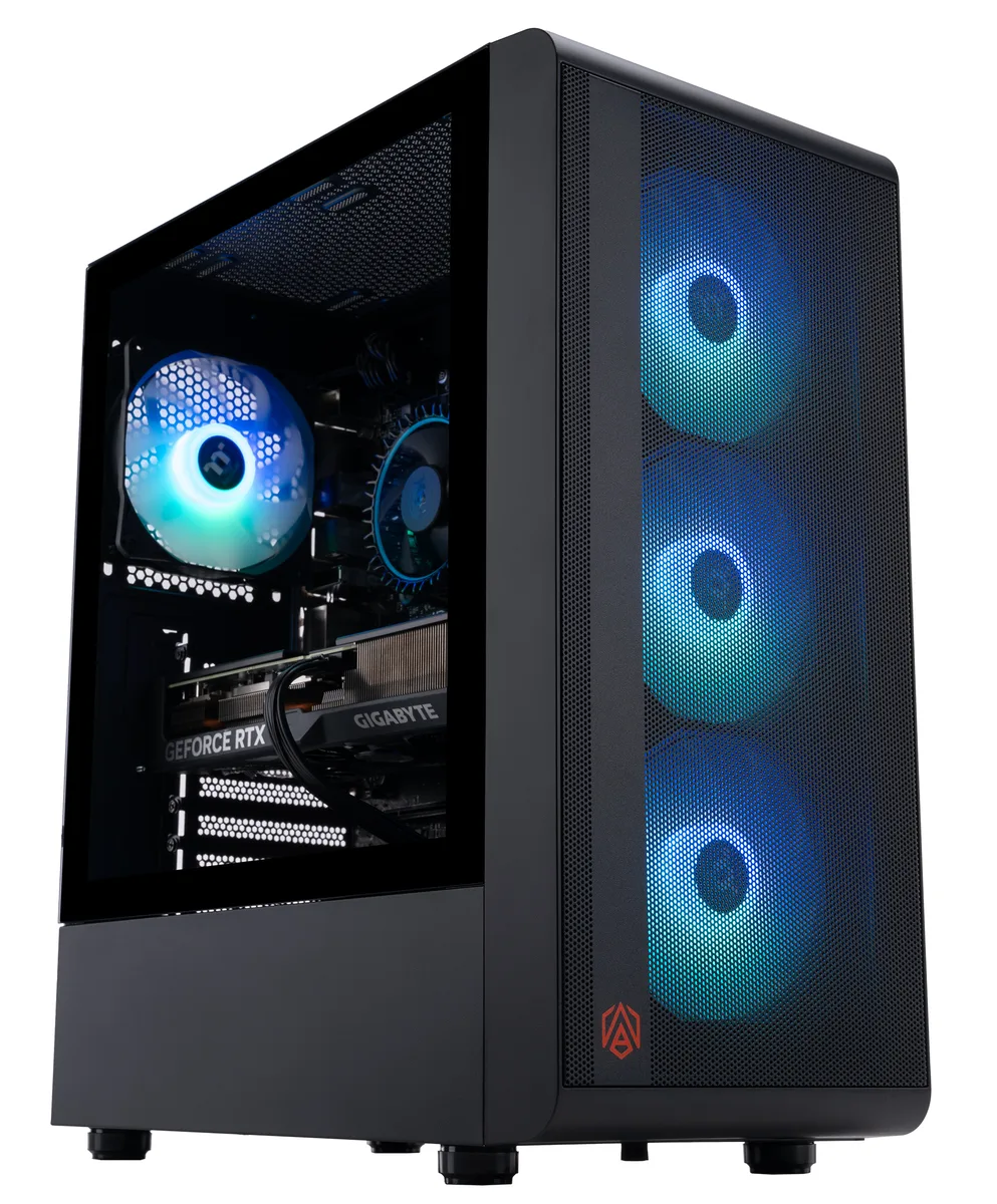 Black mid-tower gaming desktop with tempered glass side panel and RGB memory visible inside