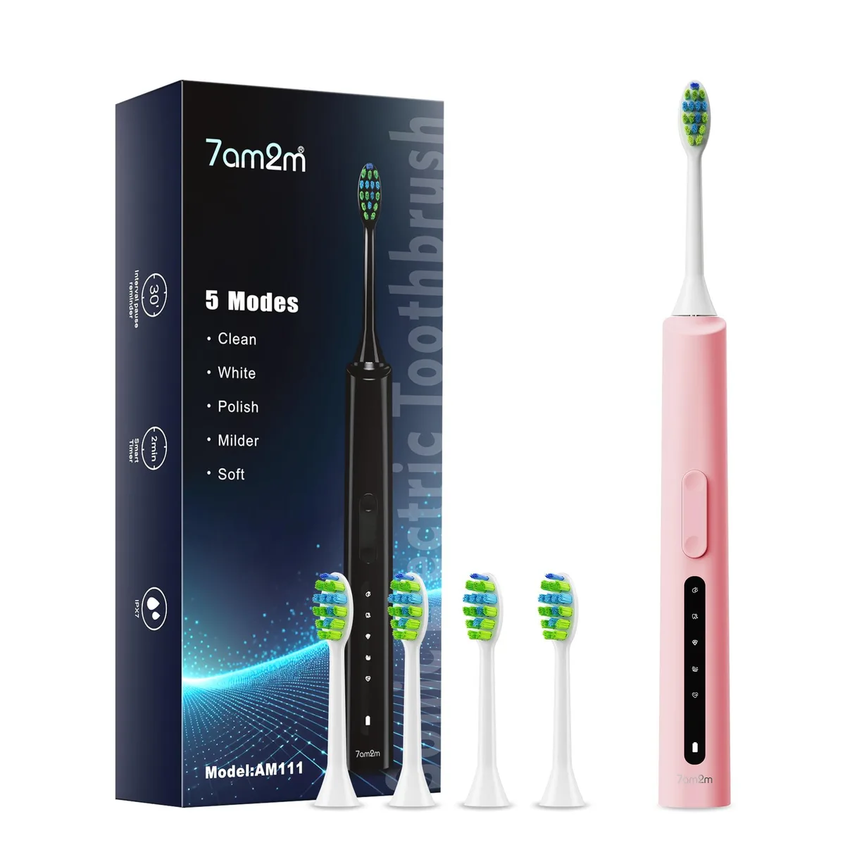  Waterpik AM111 Sonic Toothbrush 5 Modes 40000 VPM 4 Heads Pink — product photo