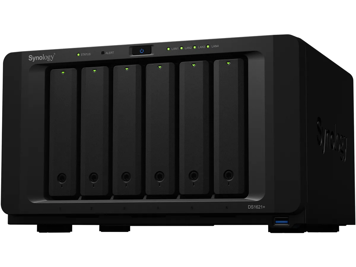 Rectangular black six-bay desktop NAS unit with front drive trays