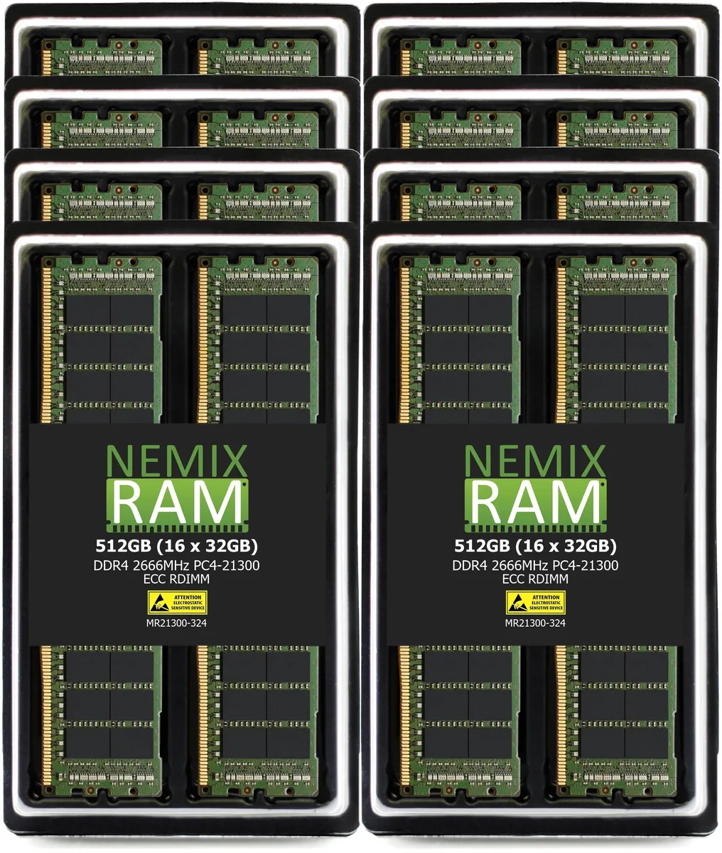 Sixteen green DDR4 RDIMM modules, bare circuit boards with black chips, no heat spreaders