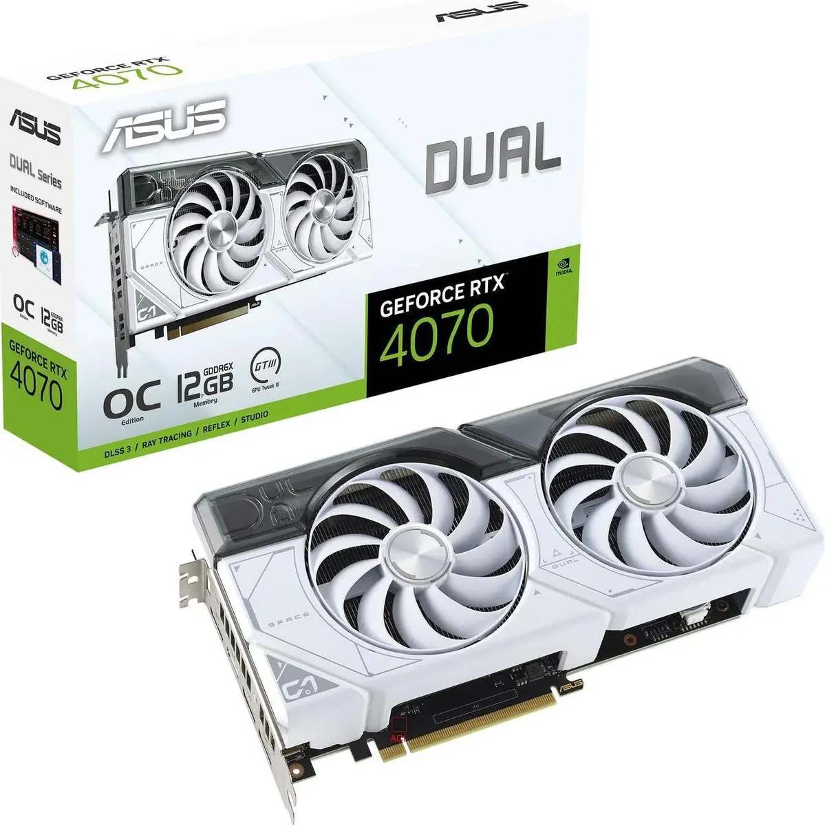 White dual-fan graphics card with silver backplate, 2.56-slot thickness