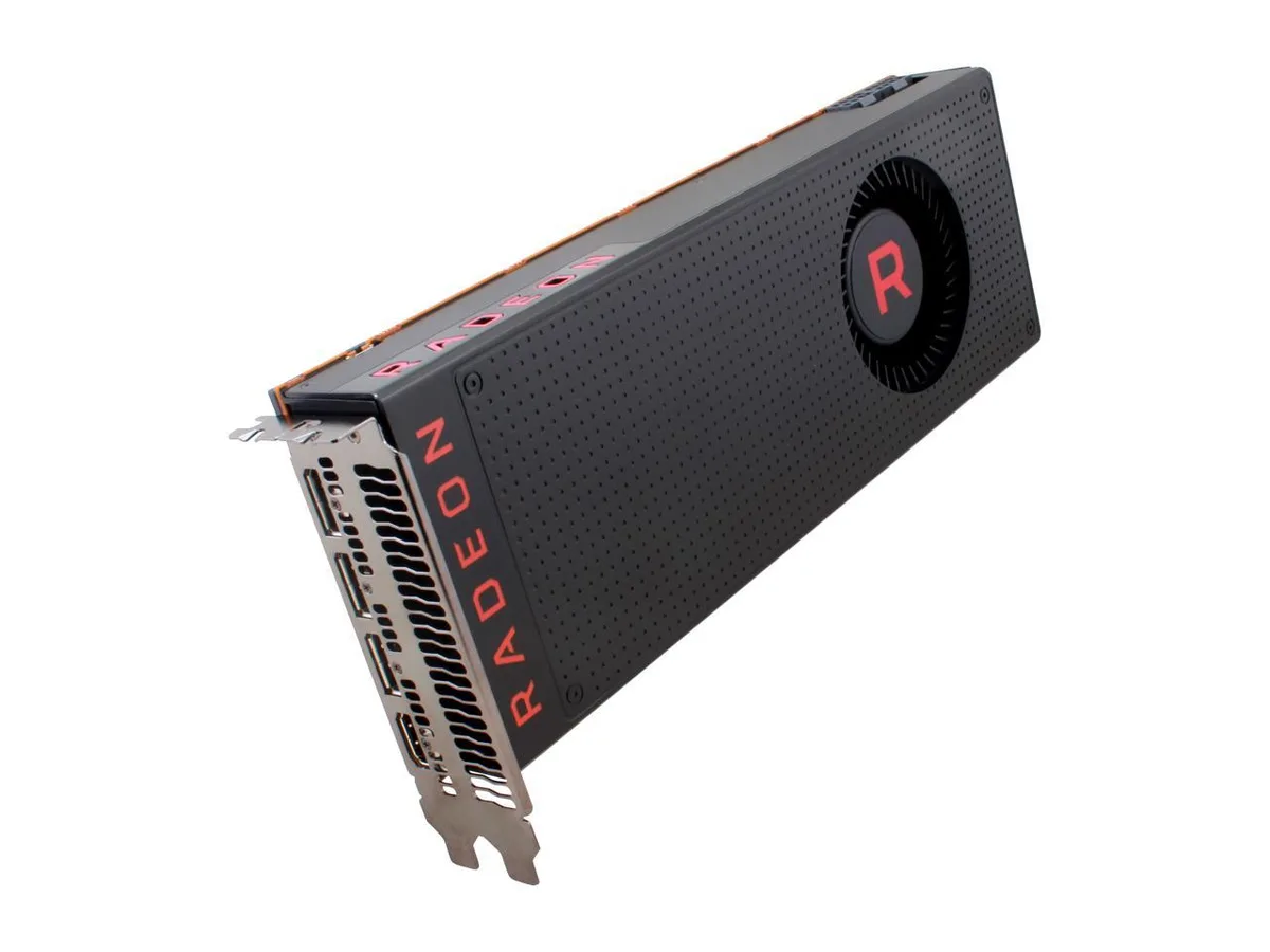 Sapphire Radeon RX Vega 56 graphics card, dual-slot ATX form factor, blower fan cooler, silver and black finish, one HDMI and three