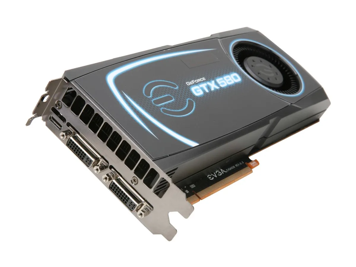 EVGA GeForce GTX 580 graphics card with silver dual-slot cooler and rear I/O bracket showing two DVI ports and one mini HDMI port