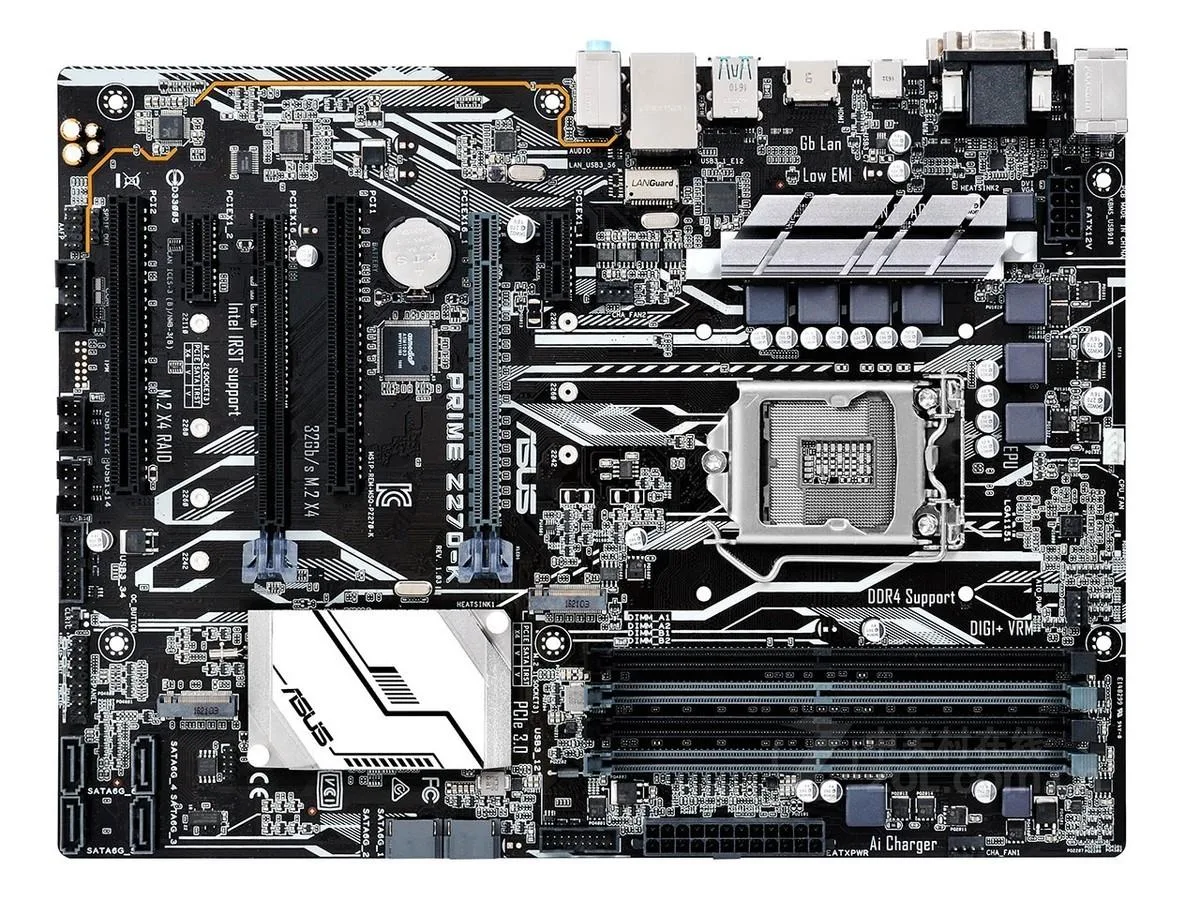 ASUS PRIME Z270-K ATX motherboard, black PCB with silver heatsinks, LGA 1151 socket, DDR4 slots, SATA ports, I/O shield included