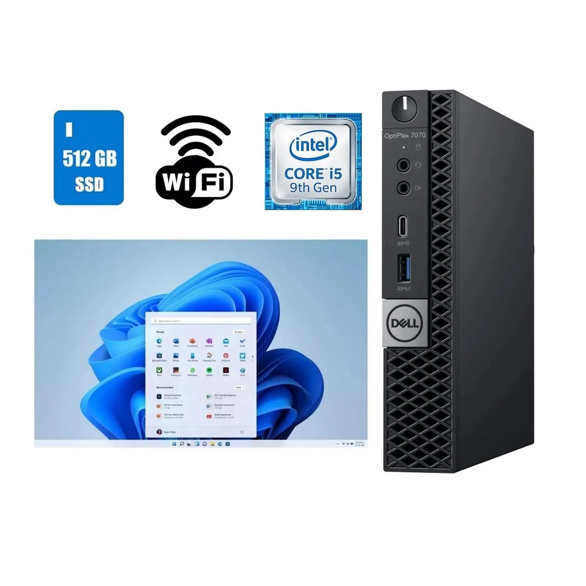 Small black micro desktop tower with power adapter and USB Wi-Fi dongle