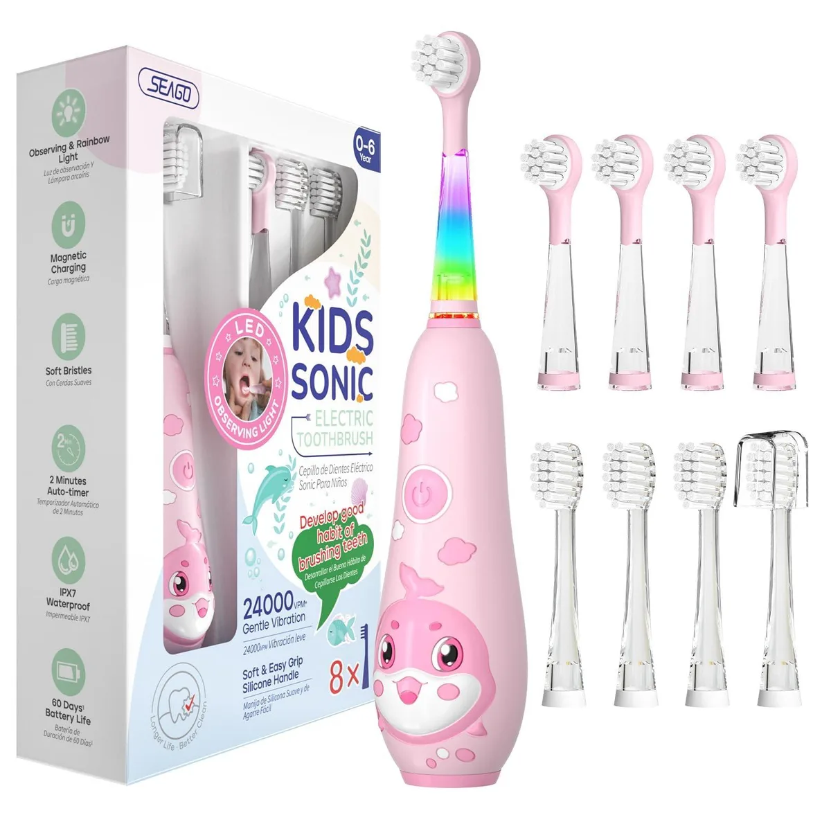  SEAGO SG-2139 electric toothbrush pink 8 heads 24000 vibrations 60 days — product photo