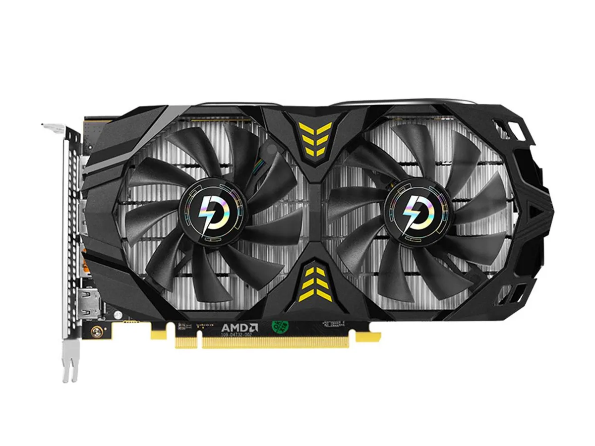 Peladn RX 580 8GB graphics card, black dual-fan cooler, metal backplate, HDMI and three DisplayPort outputs
