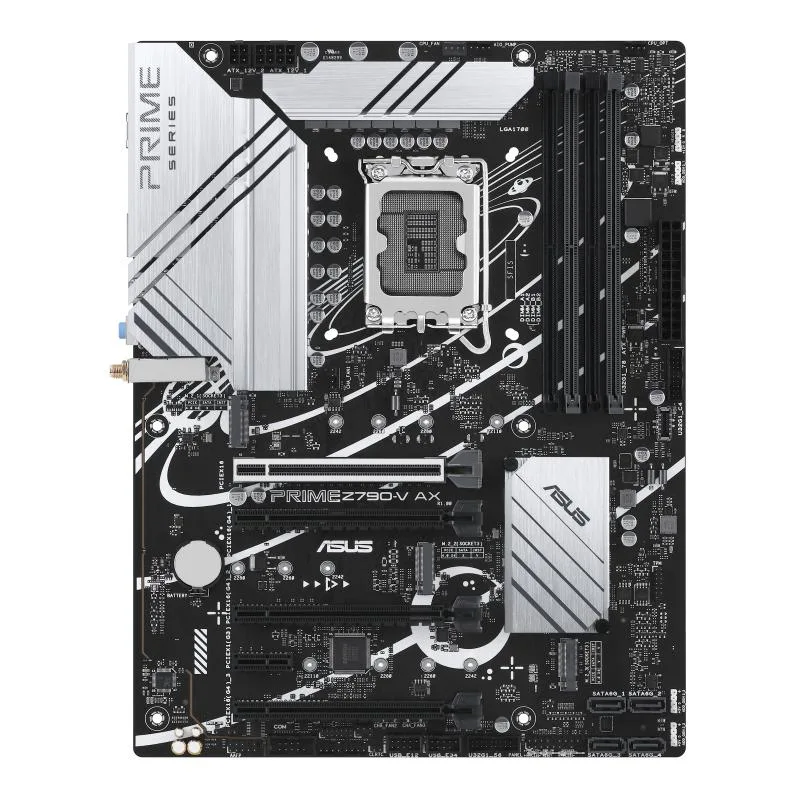 Black ATX motherboard with silver heatsinks and LGA 1700 socket
