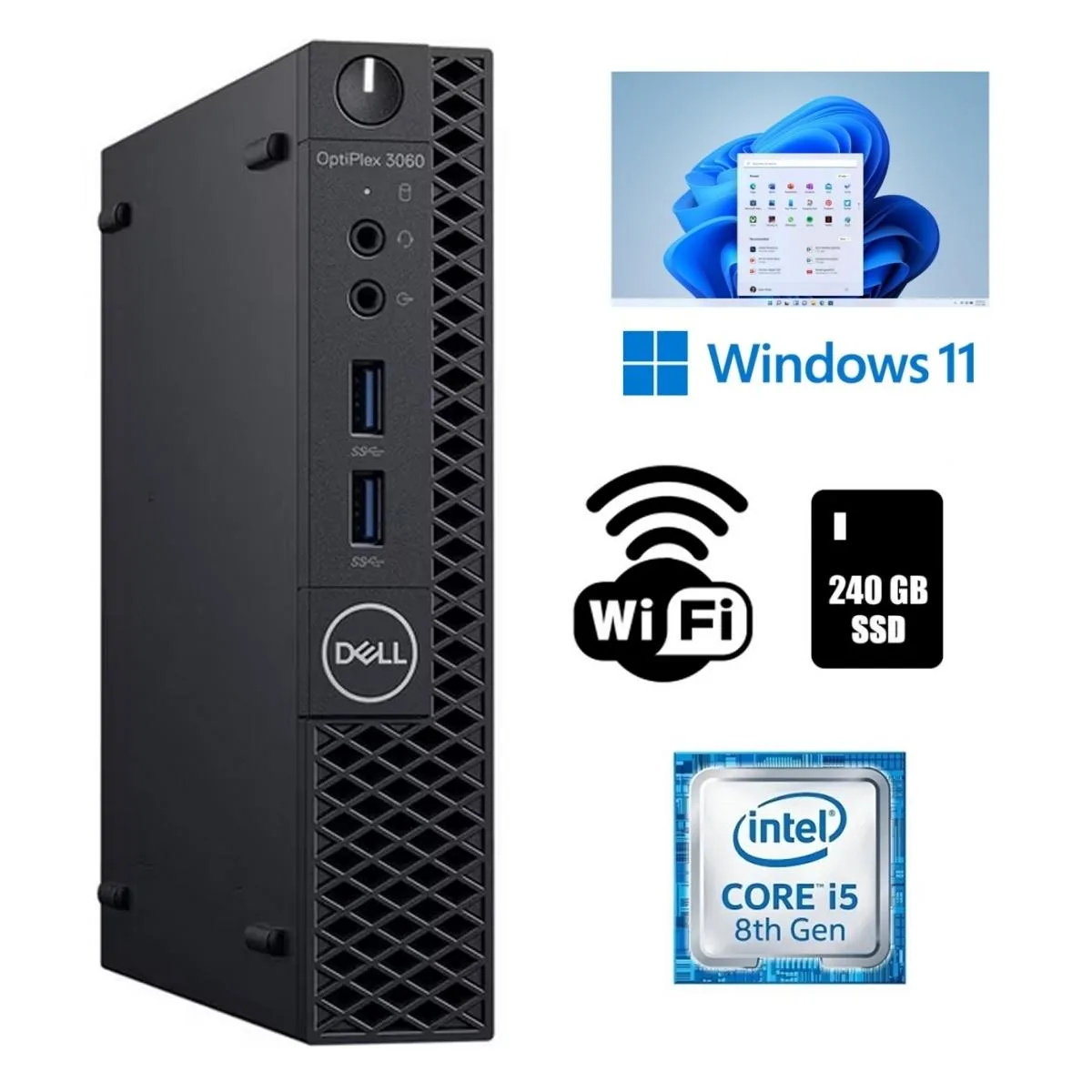 Small black micro desktop tower with power adapter and USB Wi-Fi dongle