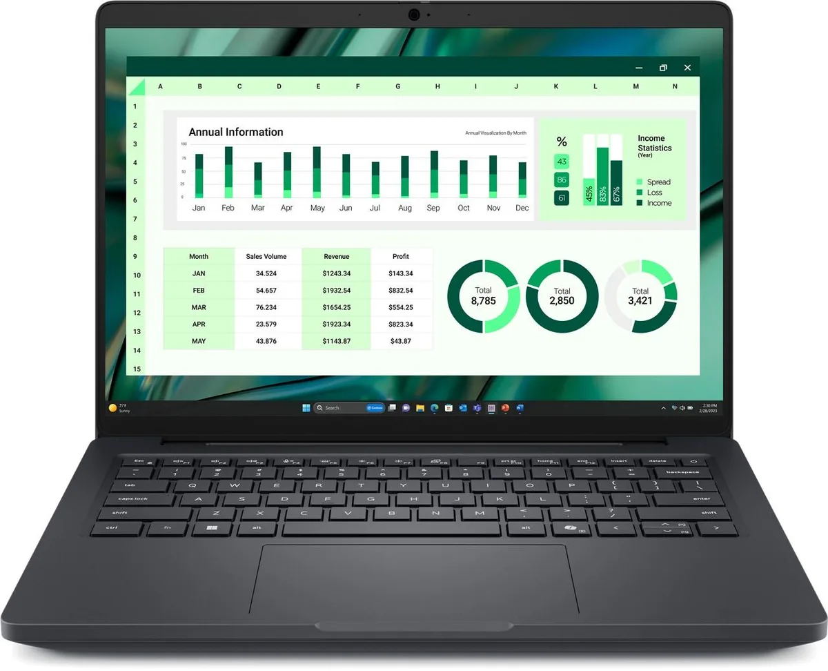 Black Dell Pro Max 14 laptop closed on a light background