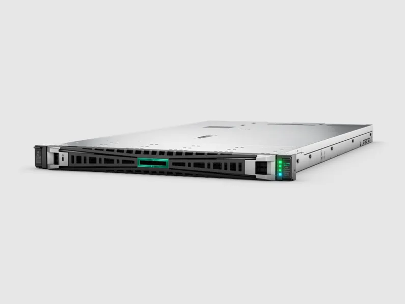 Silver 1U rack server front with drive bays and power supplies