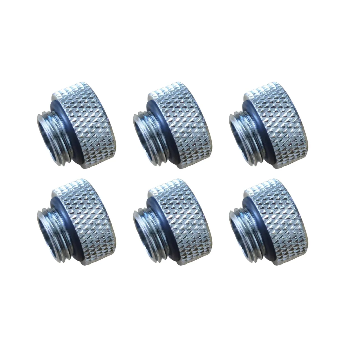 Six silver chrome-plated brass G1/4-inch male-female extender fittings, 7.5mm tall, 18mm diameter