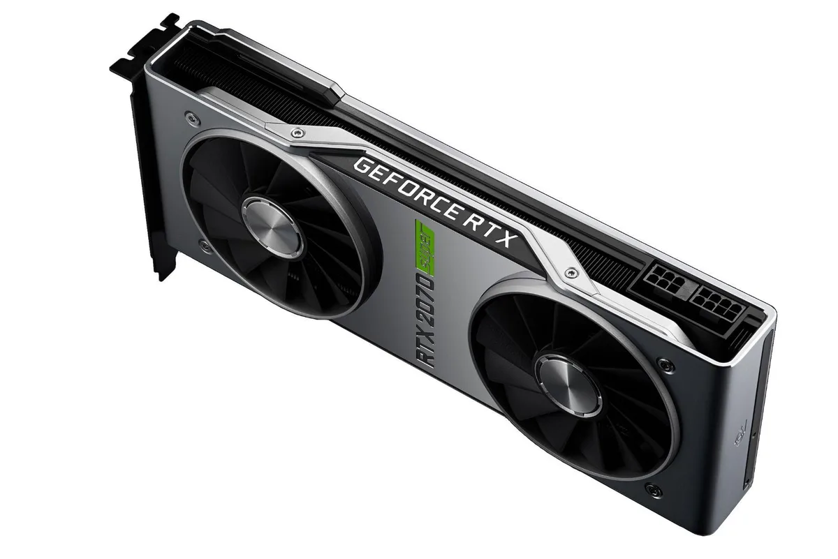 Silver dual-fan graphics card with angular metal shroud, two-slot width, exposed backplate, 8-pin and 6-pin power connectors