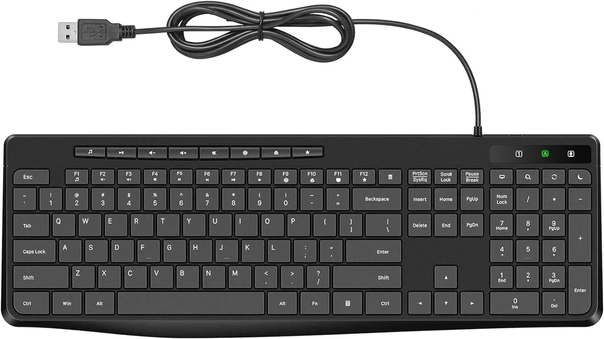 Full-size wired keyboard with chiclet keys and numeric pad