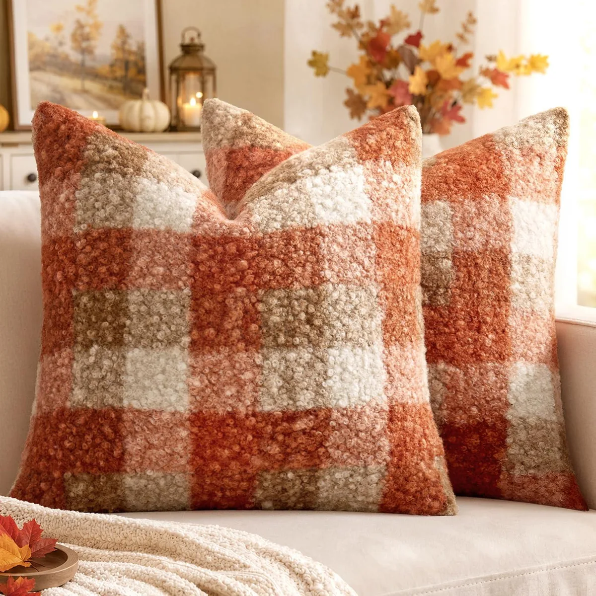 MIULEE Fall Plaid Boucle Pillow Covers Orange 18x18 Set of 2 — 商品照片