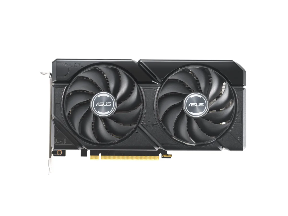 Black dual-fan graphics card with 2.5-slot cooler and metal backplate