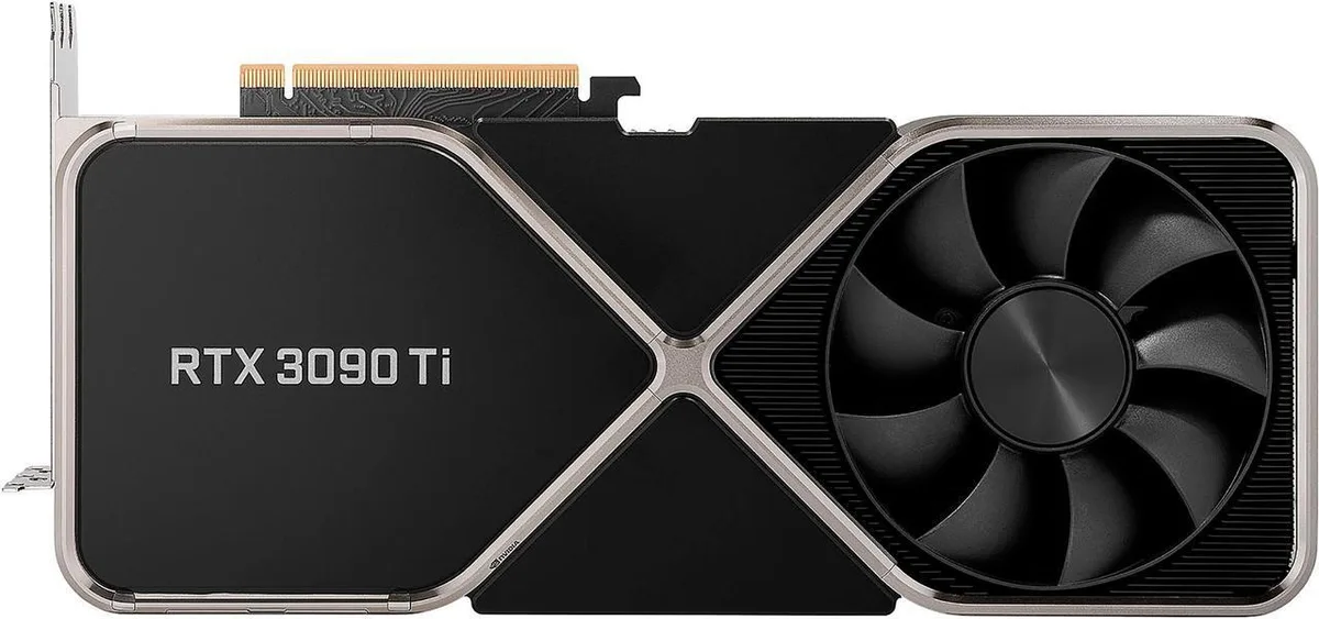 Silver dual-slot graphics card with angular black shroud and exposed heatsink fins