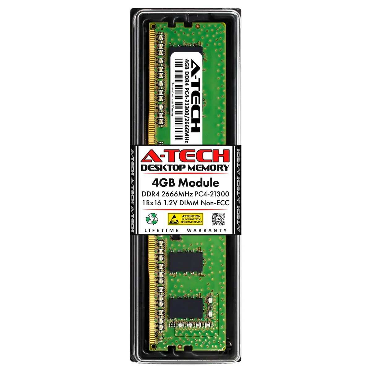 Green rectangular DDR4 DIMM with gold contacts and black chips