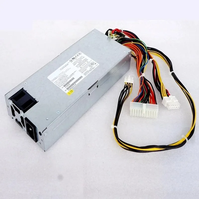 Rectangular black ATX power supply unit with rear fan grille and modular cable sockets