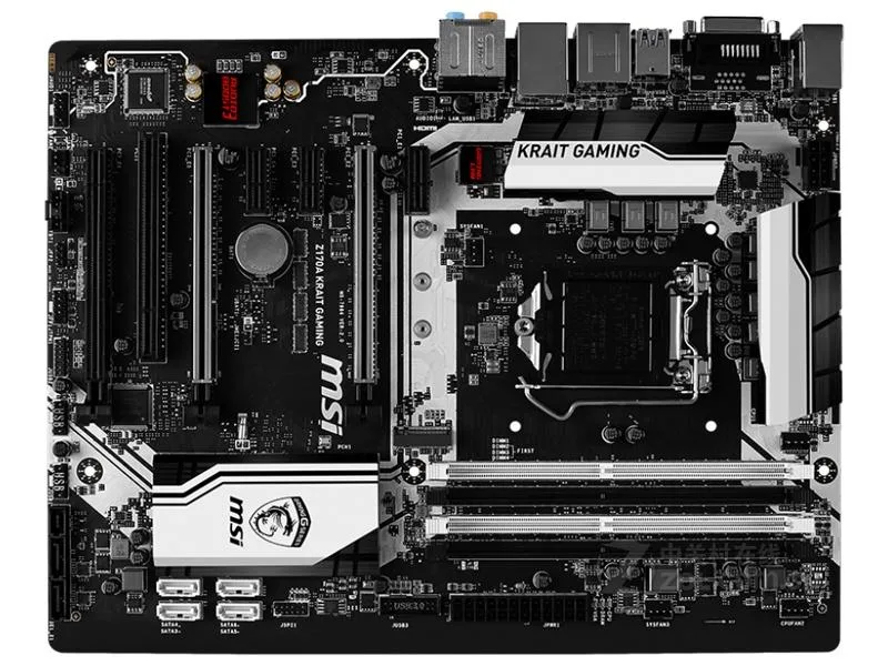 Black and white ATX motherboard with silver heatsinks and multiple expansion slots
