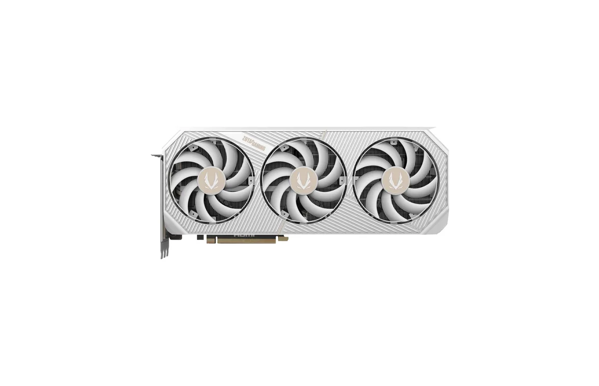 White triple-fan graphics card with full-length metal backplate