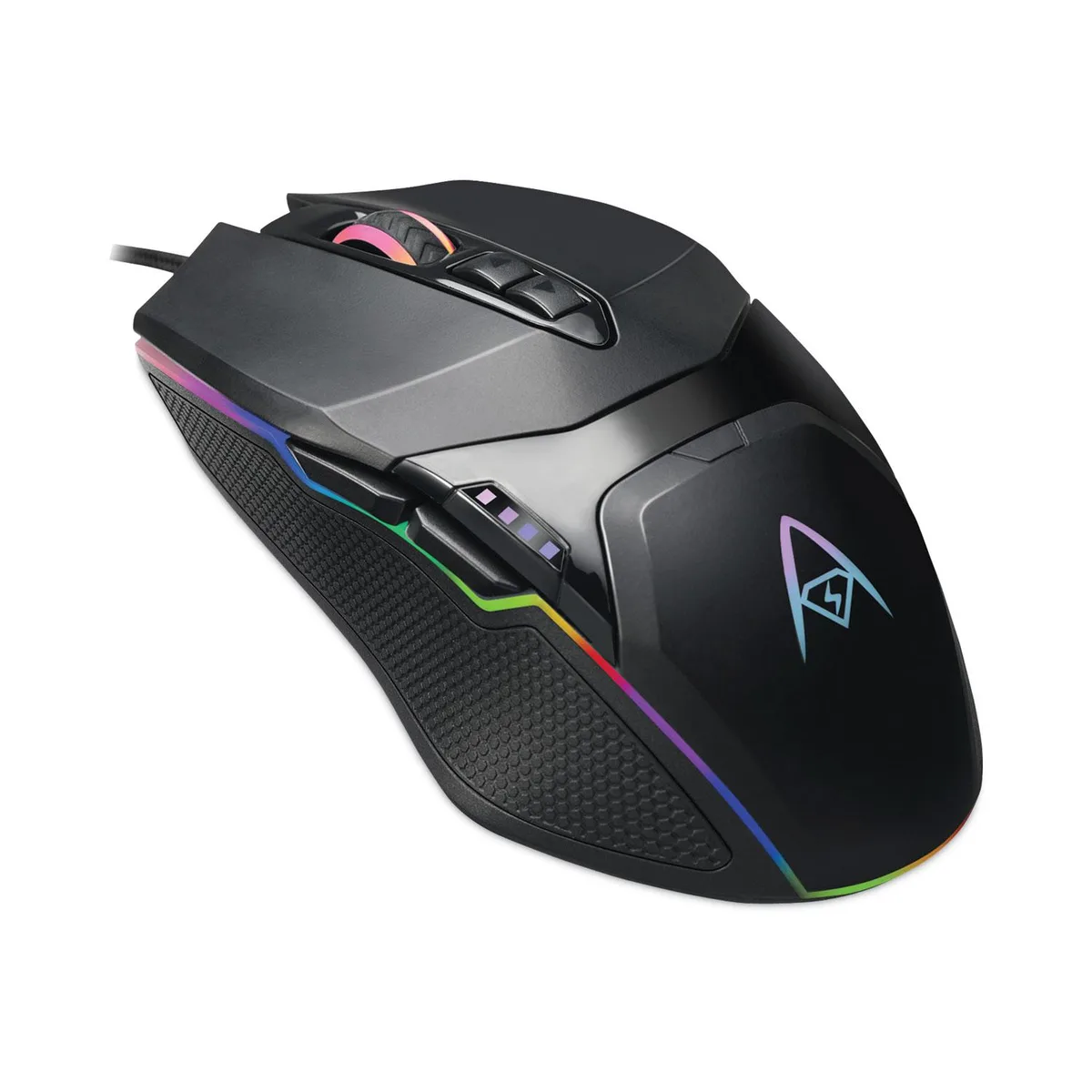 Black right-handed wired gaming mouse with RGB lighting, six buttons and adjustable weight compartment