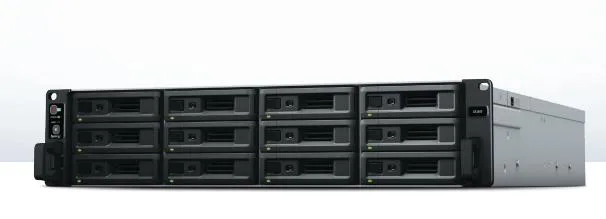 Silver 2U rackmount chassis with twelve front drive bays and rear dual power supplies