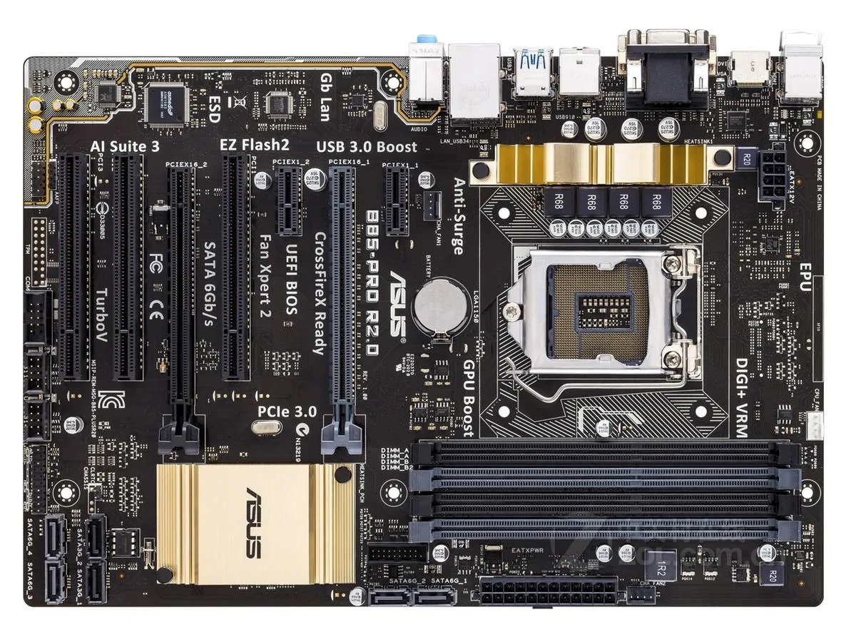 ATX motherboard in dark finish with silver CPU socket and DDR3 slots