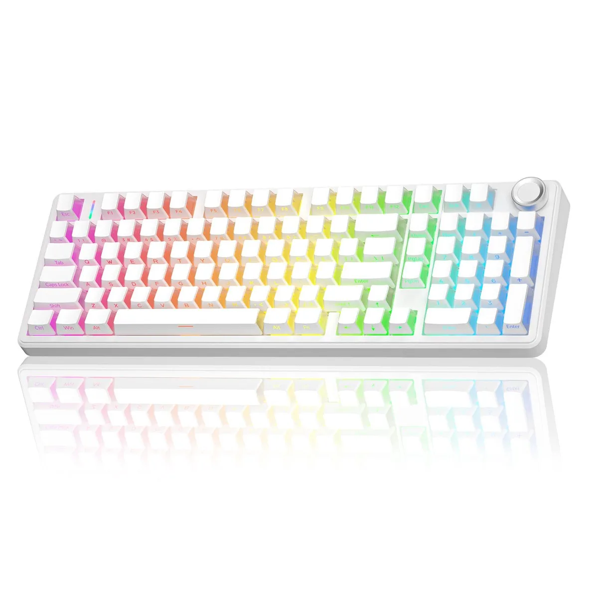 White 99-key wireless mechanical keyboard with RGB backlighting and a rotary knob