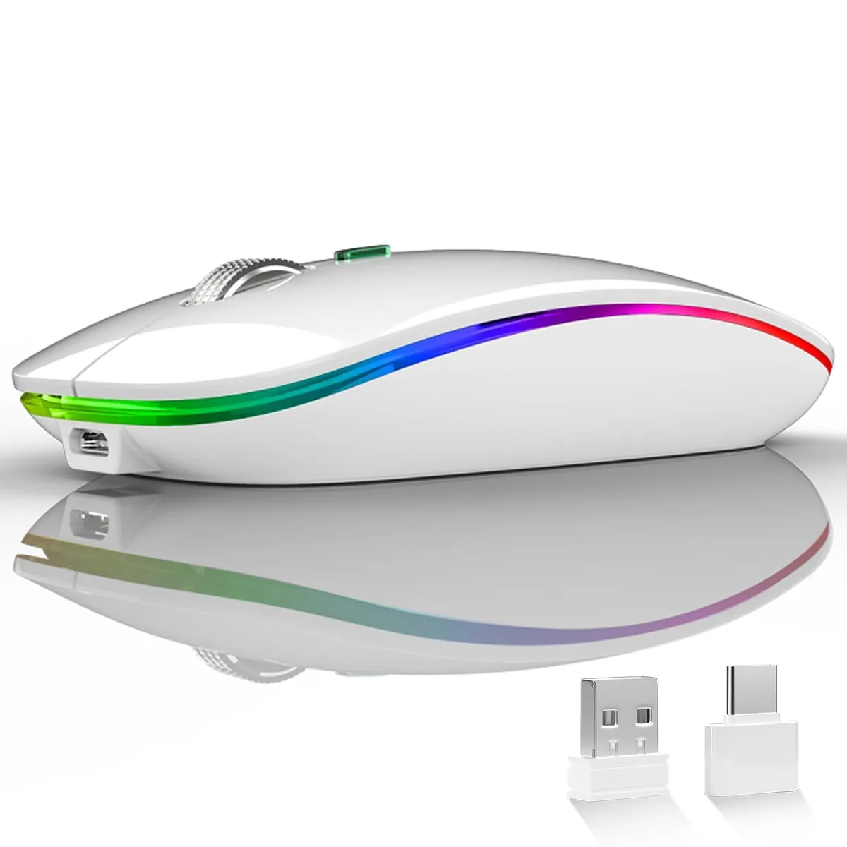 White slim wireless gaming mouse with LED lighting, USB receiver stored underneath, 4 buttons, ambidextrous shape