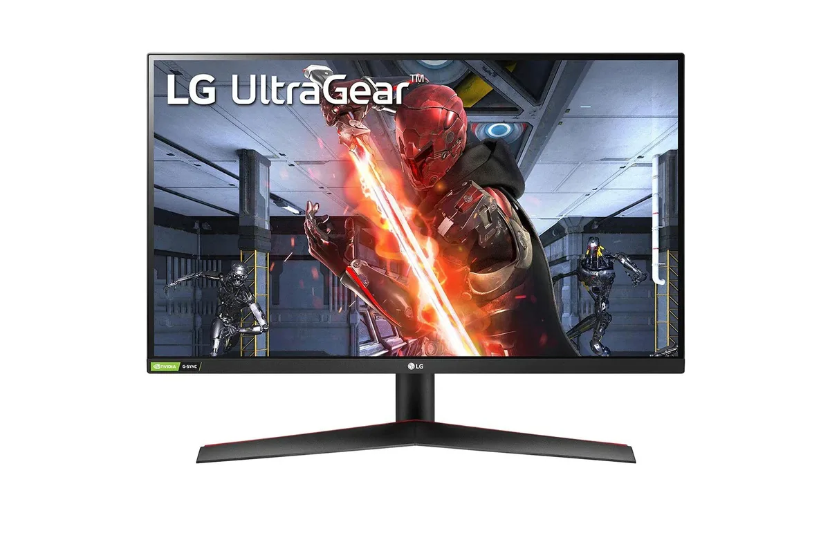 27 inch flat black gaming monitor with virtually borderless screen on tilt stand