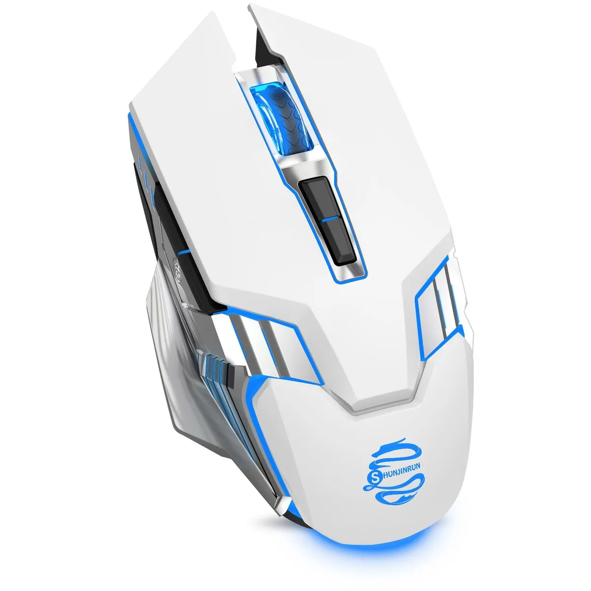 Black wireless gaming mouse with ergonomic shape and RGB lighting