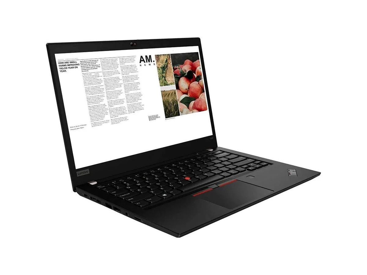 Black ThinkPad T490 laptop, 14 inch matte screen, slight keyboard marks visible