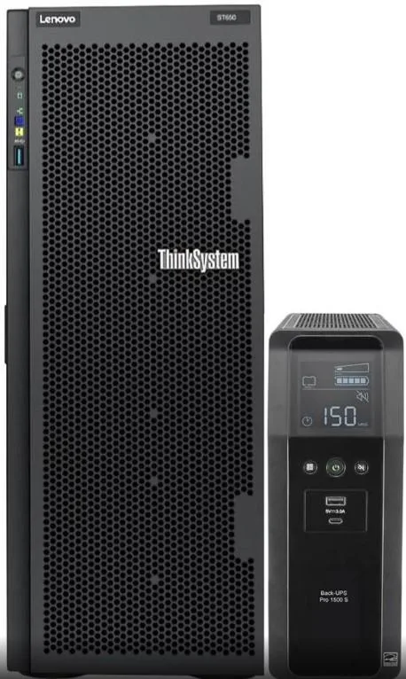 Tall black tower server with APC UPS unit beside it