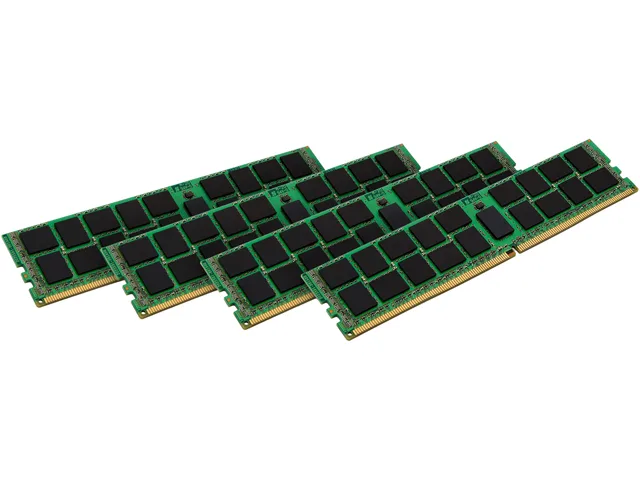 Four green DDR4 memory modules with gold contacts, no heat spreaders