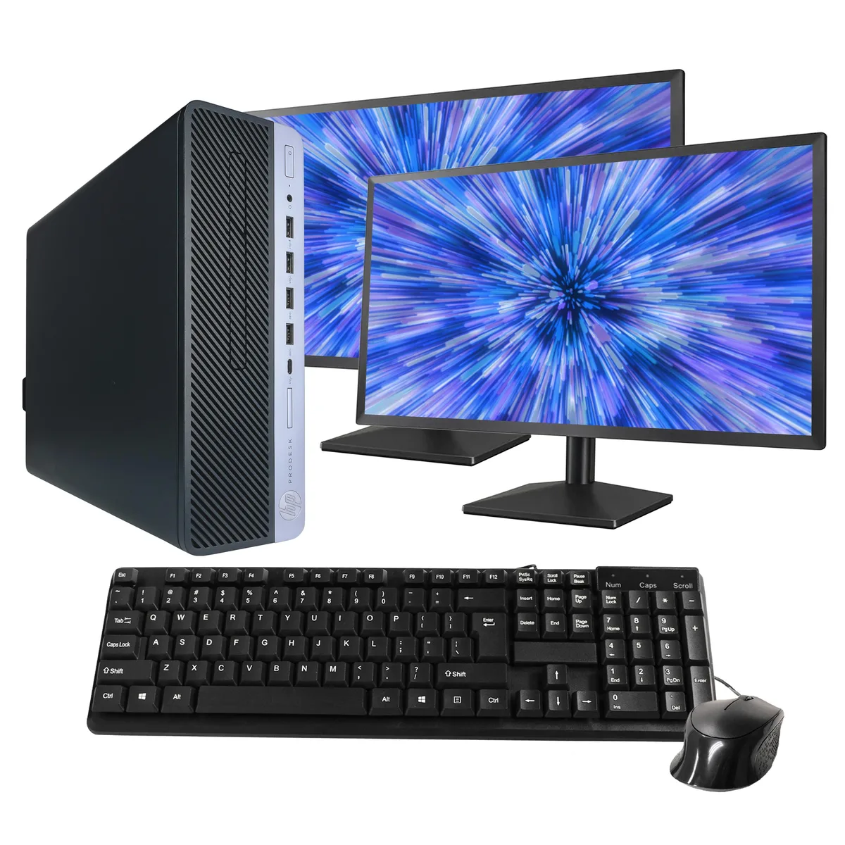 Black HP ProDesk 600 G4 tower with dual 24 inch monitors, keyboard and mouse