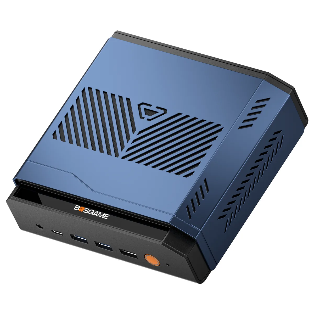 Compact blue-and-black barebone mini PC, square chassis, front USB4 and USB ports visible