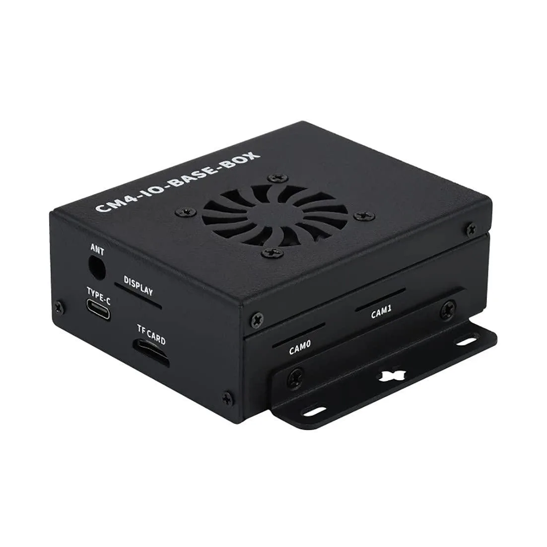 Metal cased mini-computer board with cooling fan and labelled cut-outs