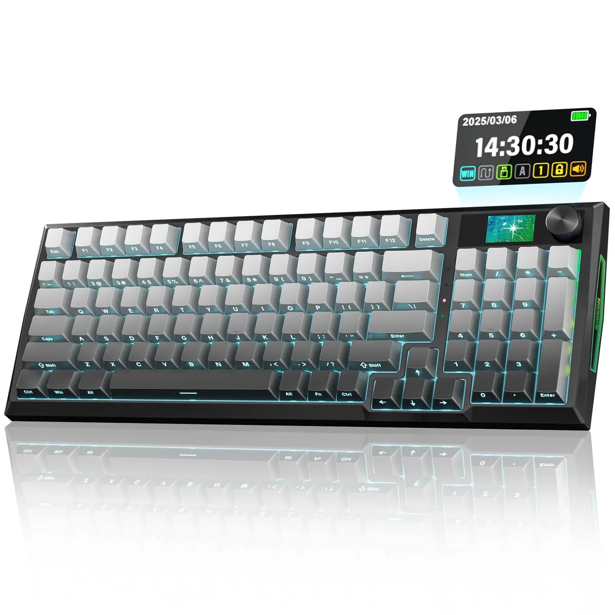 Black compact keyboard with LCD screen and rotary knob, side-printed PBT keycaps, gasket-mounted, tri-mode wireless