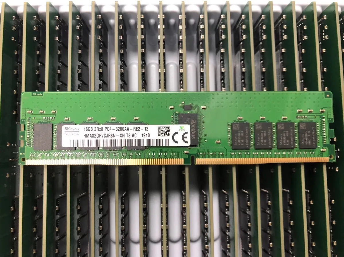 Green rectangular DDR4 server memory module with gold contacts and black chips no heat spreader